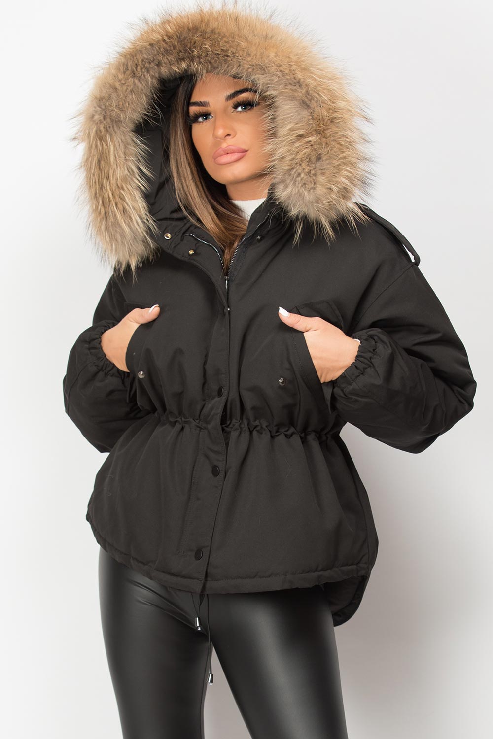 Womens Black Natural Raccoon Fur Hooded Parka Coat Jacket – Styledup.co.uk