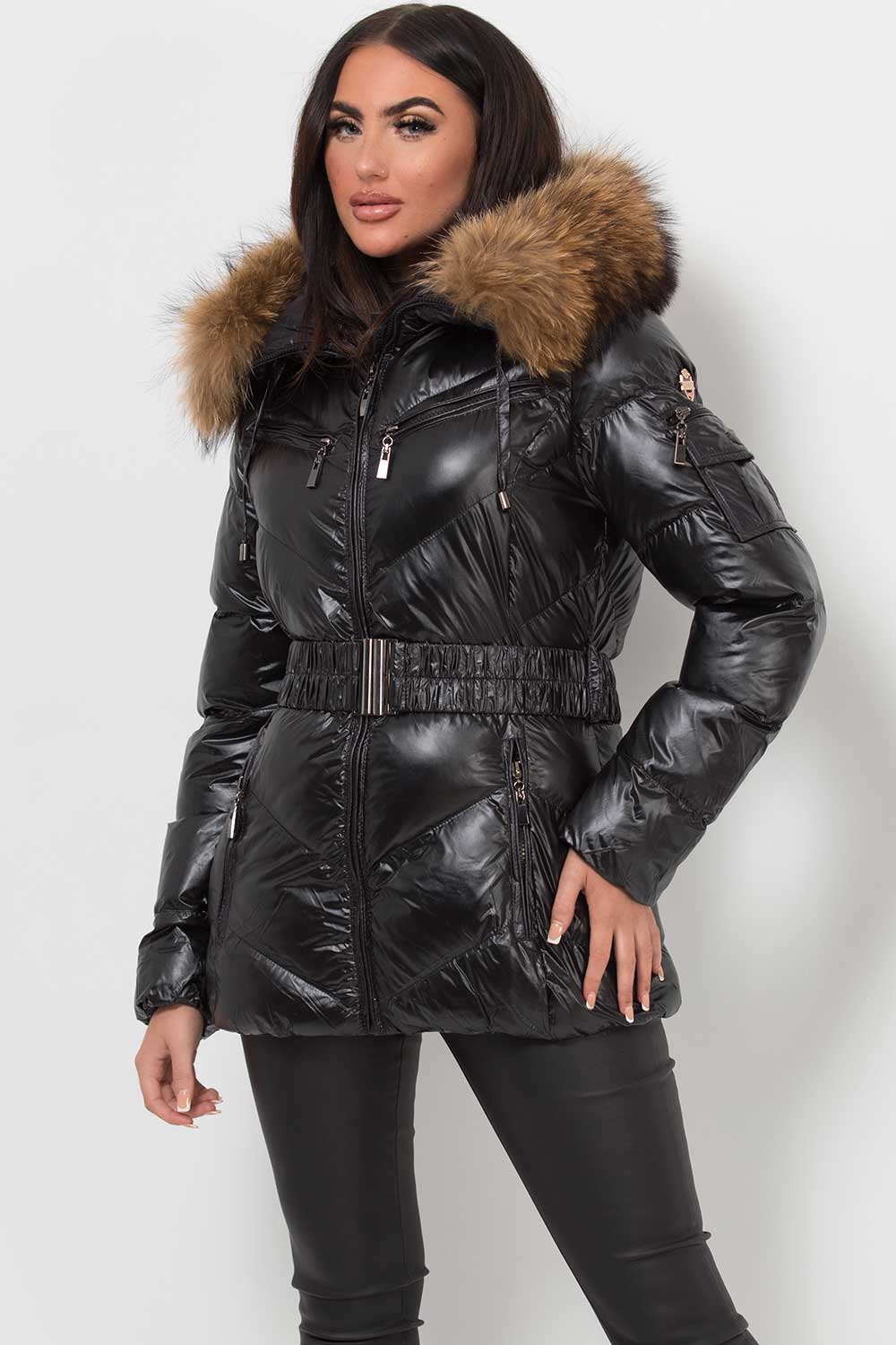 real fur hooded puffer jacket with belt womens