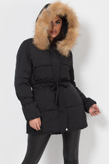 black puffer coat with real fur hood