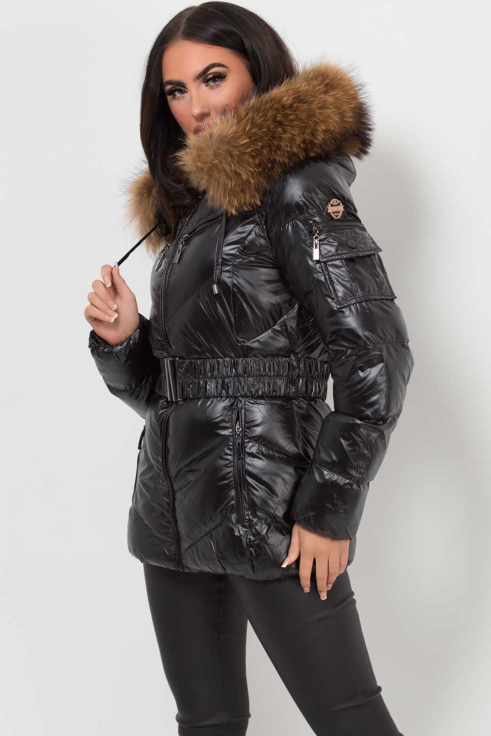 Women's Real Fur Hood Puffer Jacket With Belt Black – Styledup.co.uk