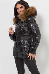 womens black puffer jacket with raccoon fur hood