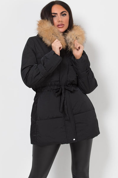 Women's Real Fur Coat With Drawstring Waist Black – Styledup.co.uk