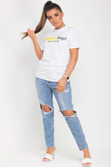 white t shirt with reckless angel slogan 
