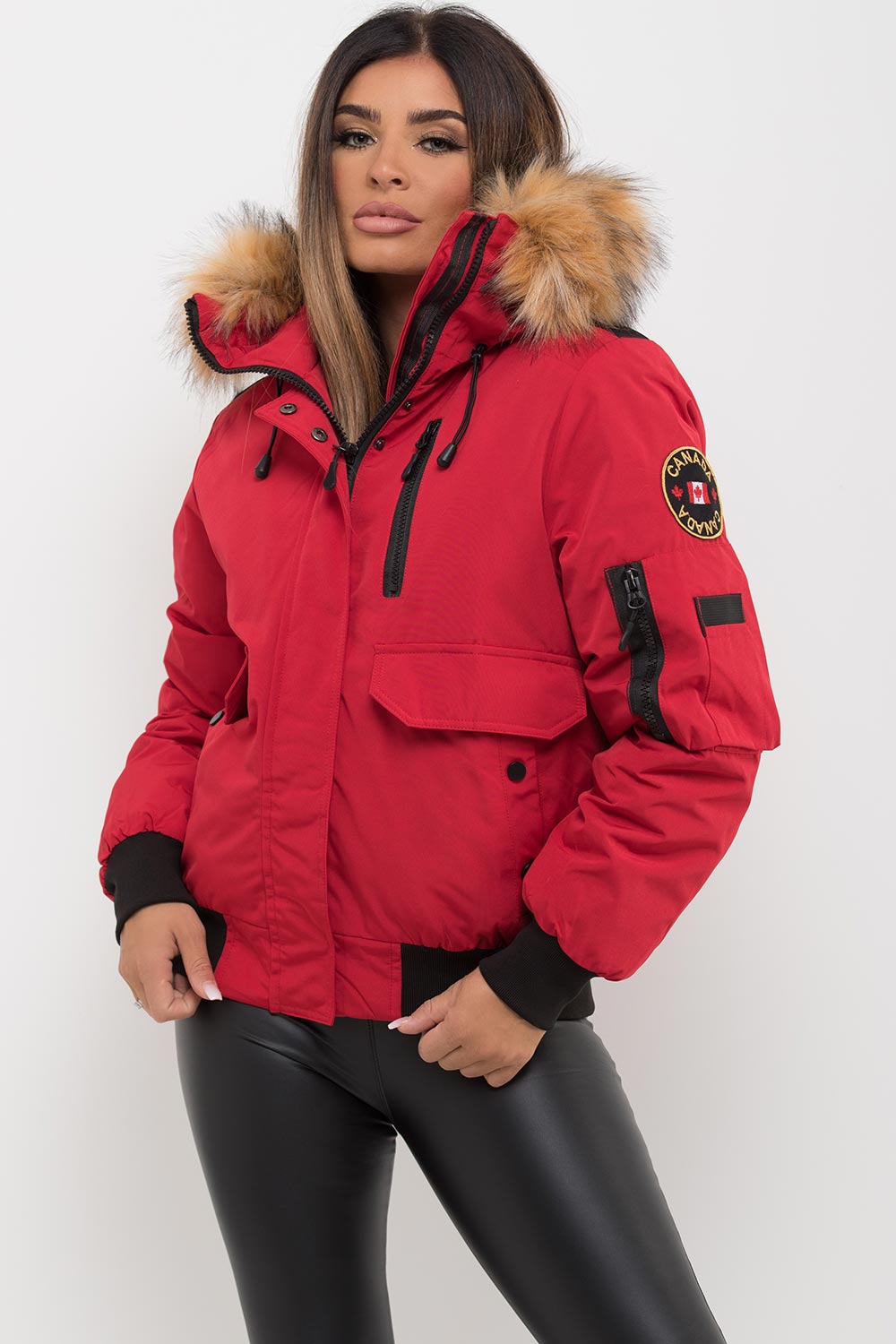 Women's Bomber Jacket With Fur Hood Red Canada Goose Inspired ...