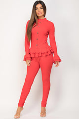 red button front ribbed peplum loungewear set 