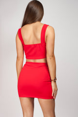 red skirt and crop top set 