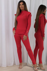long sleeve ribbed loungewear set with gold buttons and ribbed shoulders