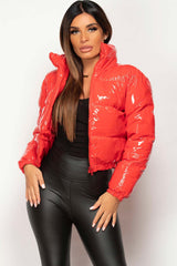 red shiny puffer cropped jacket 