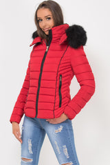 red puffer jacket with faux fur hood