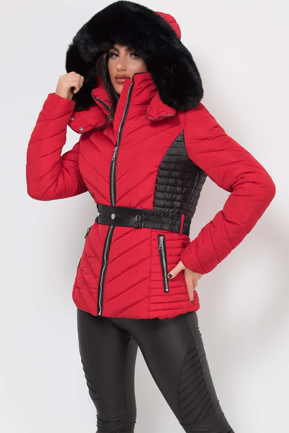 puffer padded quilted jacket with fur hood womens