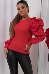 puff sleeve jumper top red