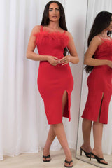 midi dress with feathers and side slit red