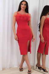 feather trim midi bodycon ribbed dress red
