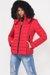 padded puffer jacket with fur hood red