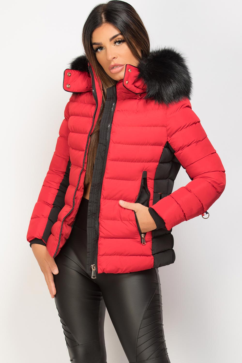 red puffer jacket with faux fur hood uk