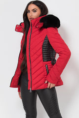 womens puffer jacket with faux fur hood and waist belt