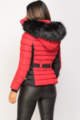 faux fur hood puffer padded jacket red