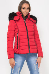 red padded puffer jacket with faux fur hood