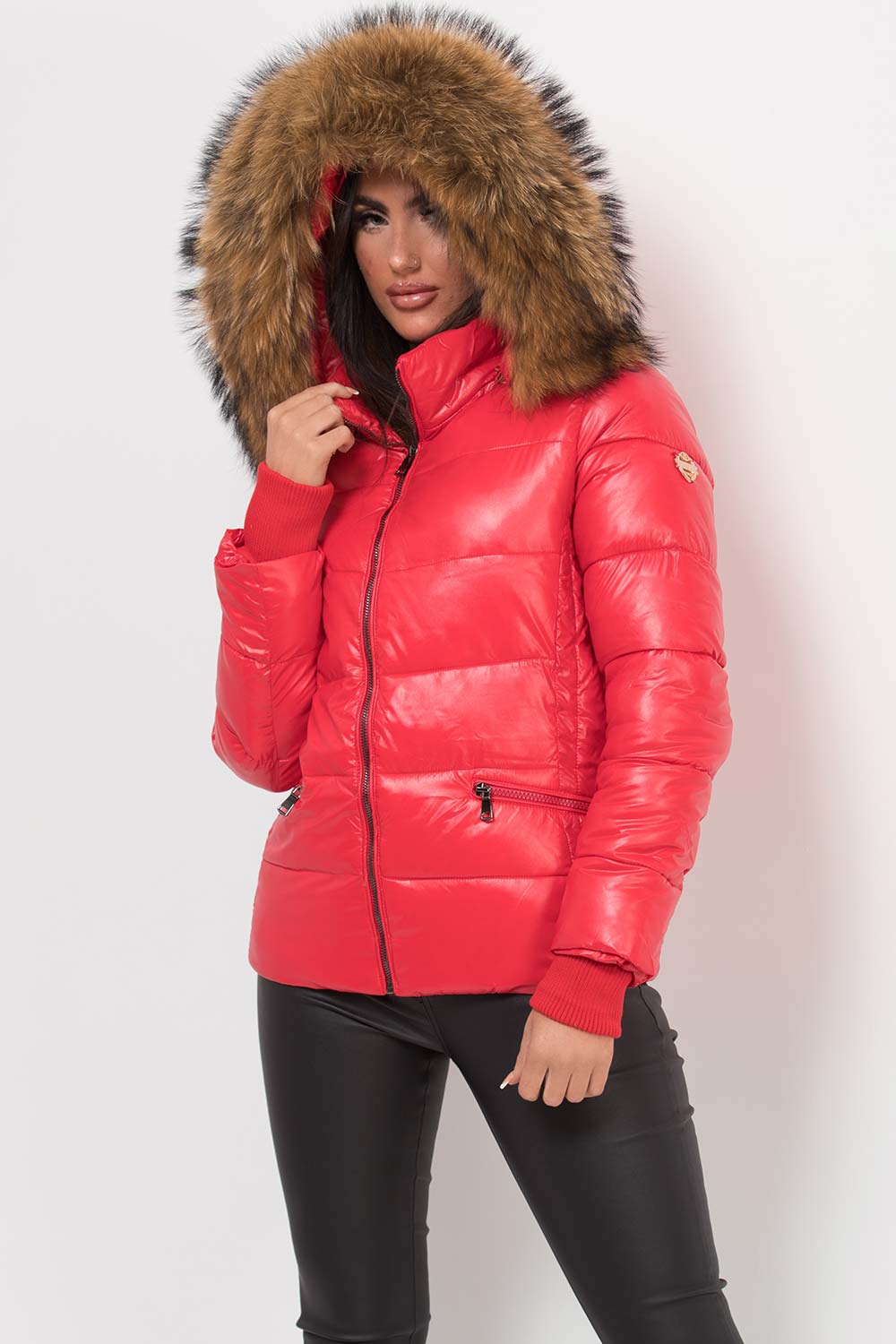 red puffer jacket with real fur hood