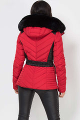 puffer padded faux fur hood jacket with belt red 