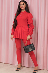 ruched sleeve rib peplum frill hem button front lounge set red
