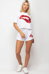 white sequin lips shorts and crop top set styledup fashion 