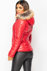 red shiny puffer jacket 