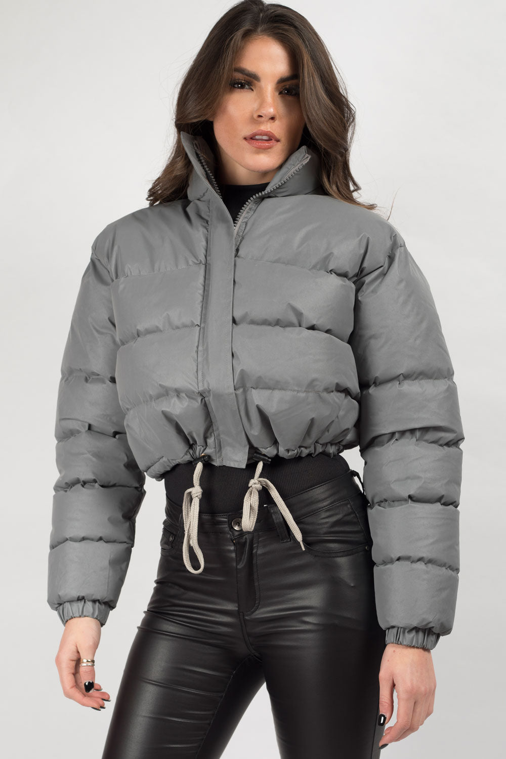 grey cropped reflective puffer padded jacket 