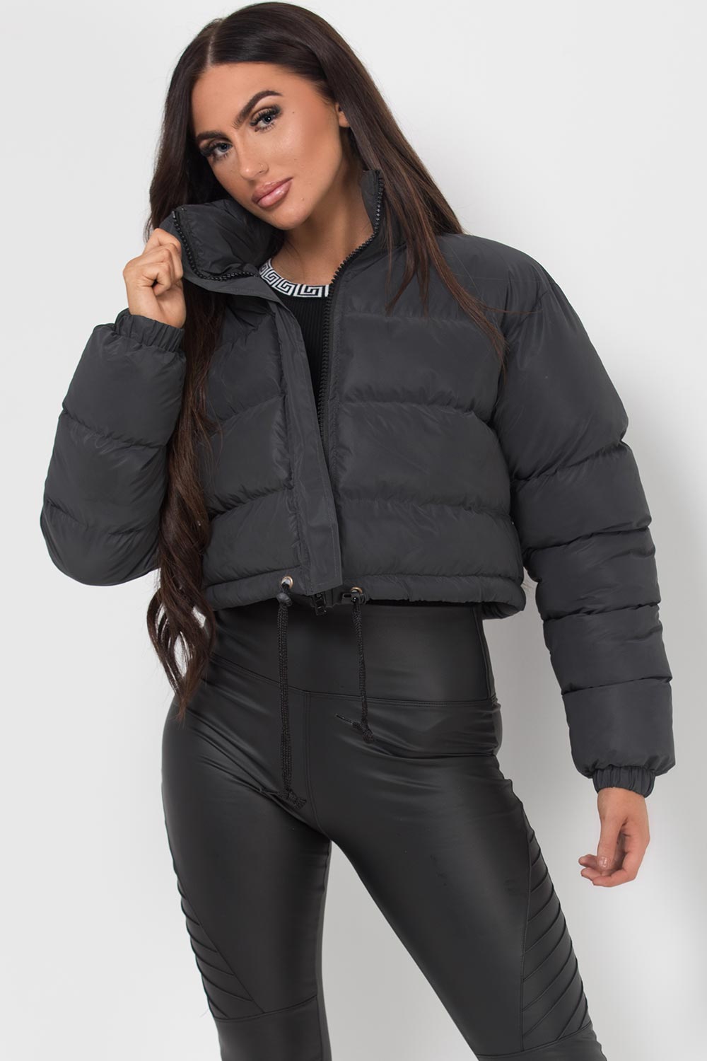 Women's Crop Puffer Padded Jacket Black Reflective – Styledup.co.uk