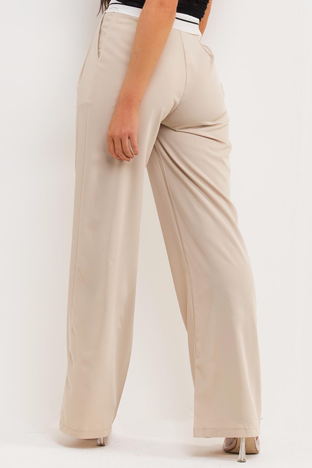 Beige Wide Leg Trousers With Reversed Waistband, BLUZAT