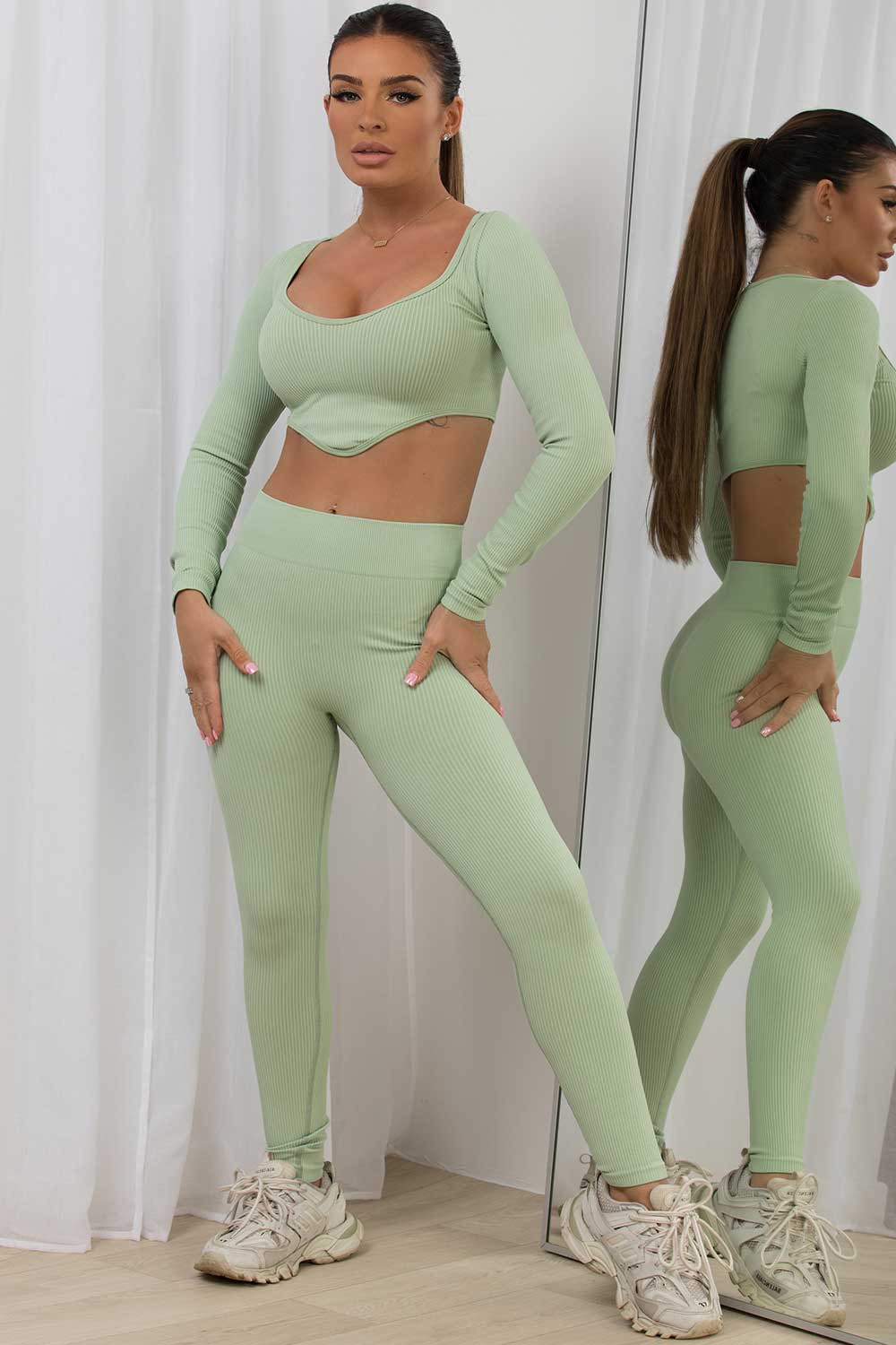 Women's Rib Contour Loungewear Set Sage Green Gym Wear –