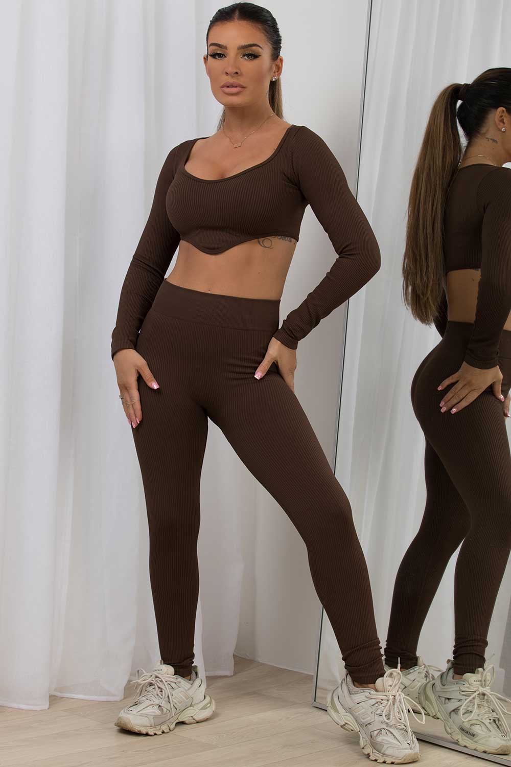 Women's Rib Contour Loungewear Set Brown Gym Wear –