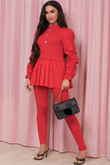 ruched sleeve ribbed peplum button front two piece co ord set