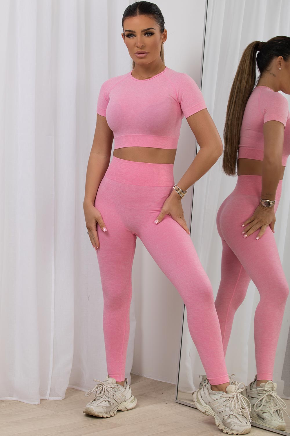 Taylor neon pink zip neck ribbed activewear set