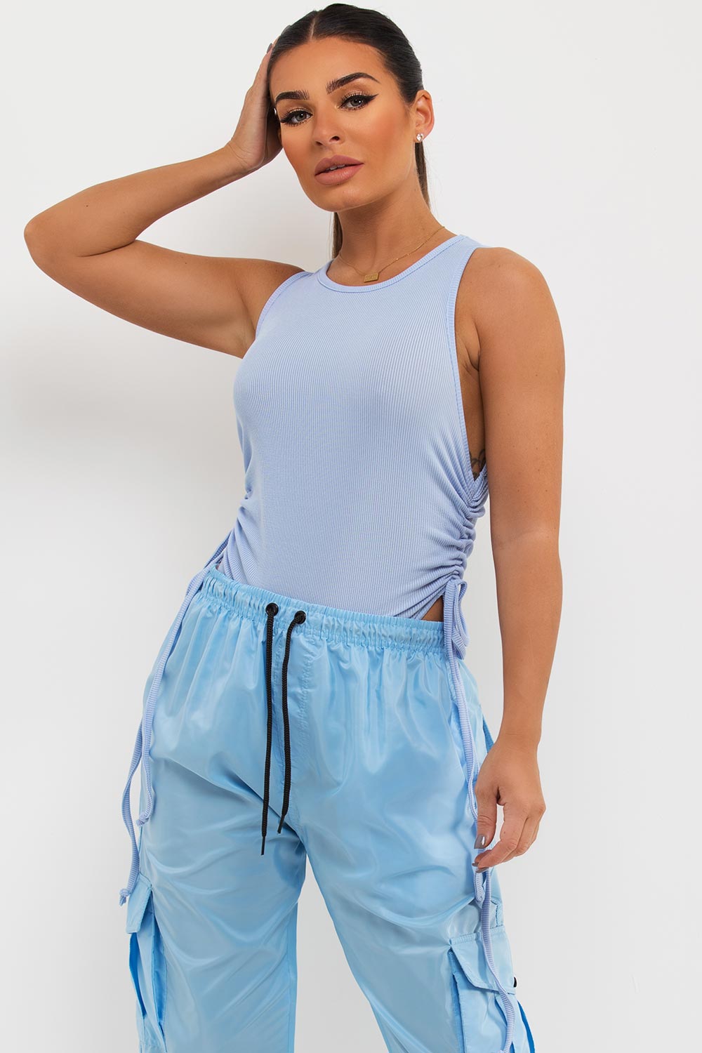Side Ruched Ribbed Bodysuit Top Sky Blue –