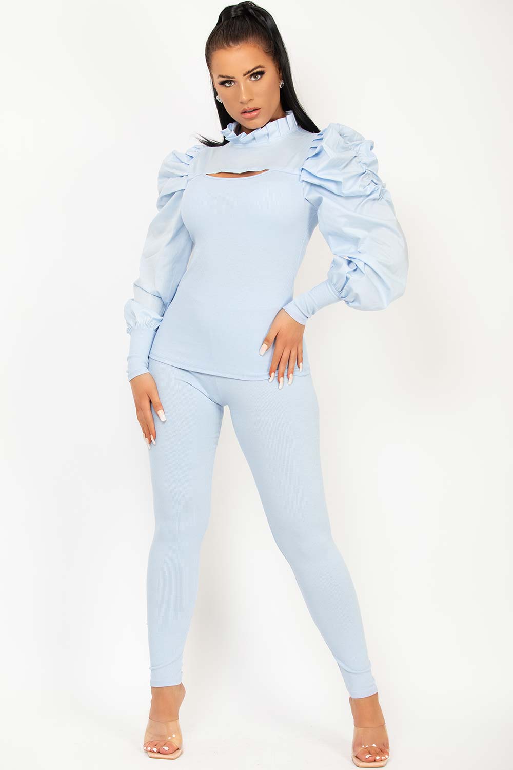 puff sleeve ruched ribbed loungewear set