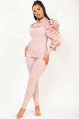 gathered puff sleeve ribbed two piece lounge set