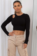 ribbed long sleeve cut out crop top