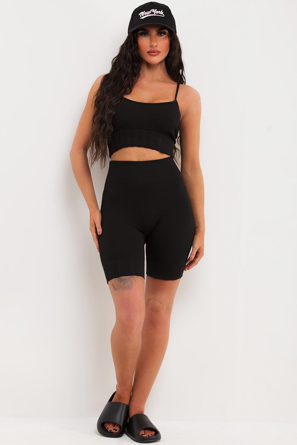 womens black ribbed cycling shorts and crop top gym wear set