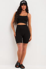 womens black ribbed cycling shorts and crop top gym wear set