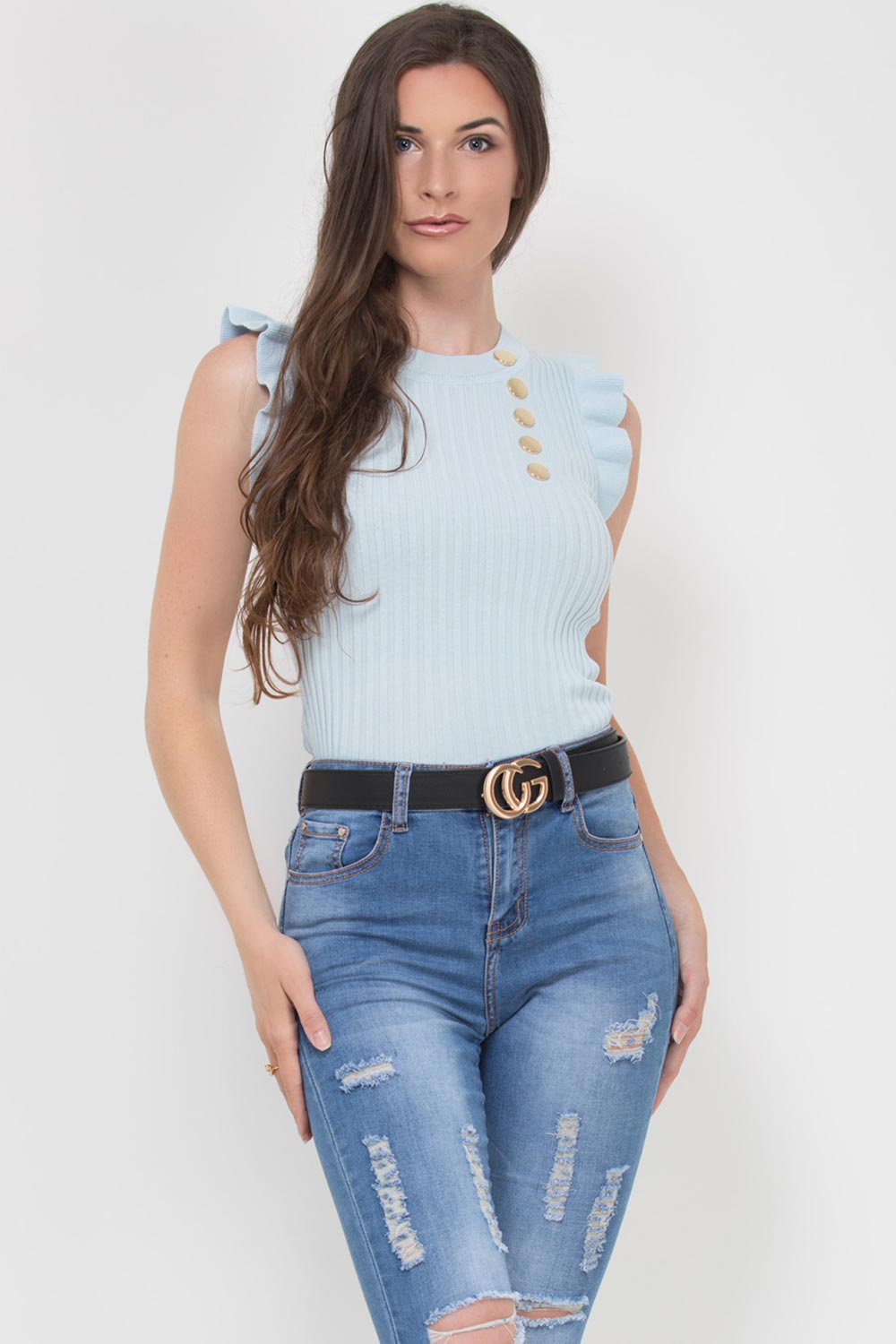 sleeveless ribbed top with gold buttons