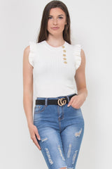 gold button ribbed sleeveless frill detail knitted top cream