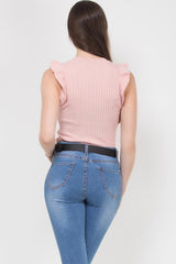 ribbed frill detail sleeveless gold button knitted top pink
