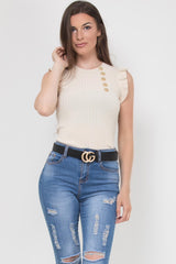 ribbed sleeveless gold button frill detail knitted top beige