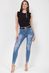 gold button ribbed top with frill detail