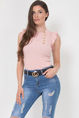 pink ribbed frill detail gold button knitted top