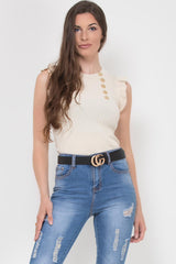 gold button ribbed frill detail top