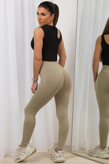 ribbed high waist seamless leggings with ruched bum detail beige