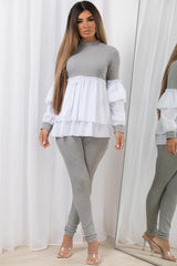 frill peplum ribbed top and leggings co ord lounge set womens