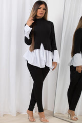 frill hem black and white ribbed jumper shirt and leggings two piece co ord set